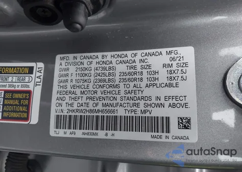 2021 Honda Cr-V Awd Ex-L z USA, uszkodzony, nr VIN 2HKRW2H86MH656661